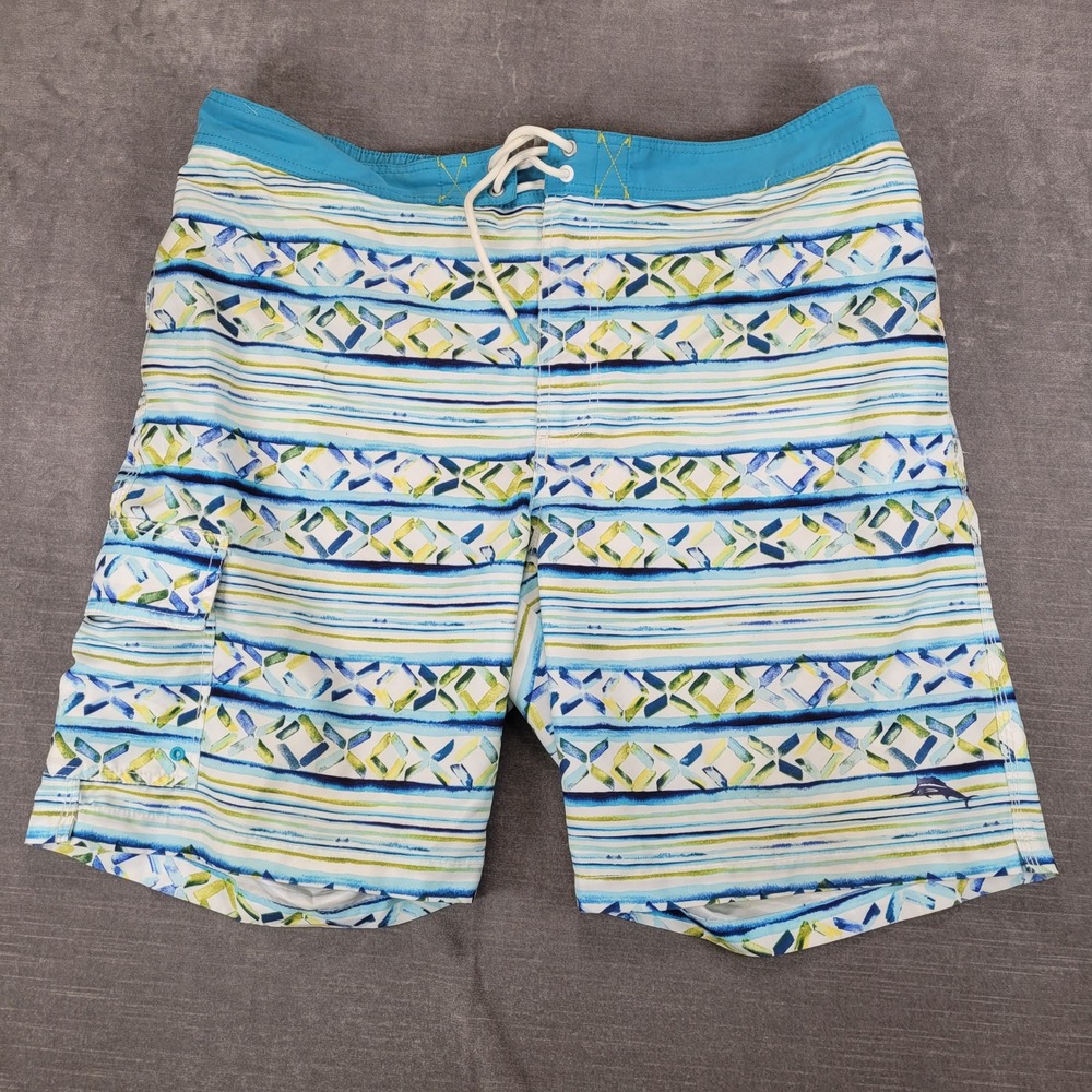 Tommy Bahama Mens XL Blue White Geometric Striped Swim Trunks Board Shorts Mesh